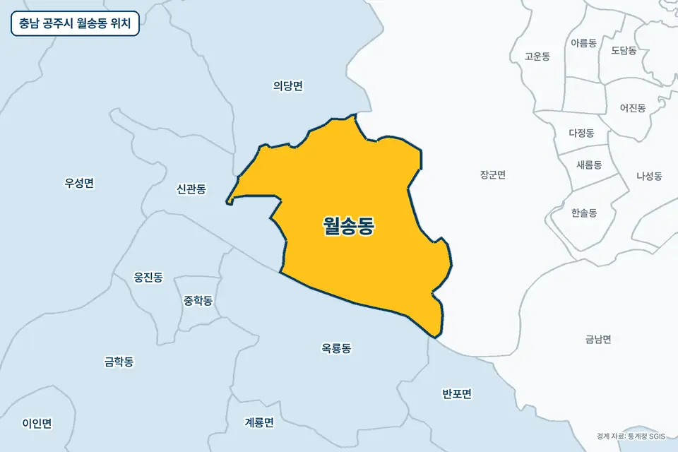 노란색으로 표시한 충남 공주시 월송동과 그 둘레의 장군면, 옥룡동, 신관동, 의당면을 그린 지도 그림.
