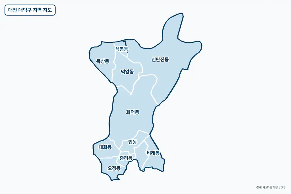 대전 대덕구 지역 지도. 신탄진동, 회덕동, 덕암동, 목상동 등 11곳이 파란색으로 칠해져 있고 이름이 적혀 있다.