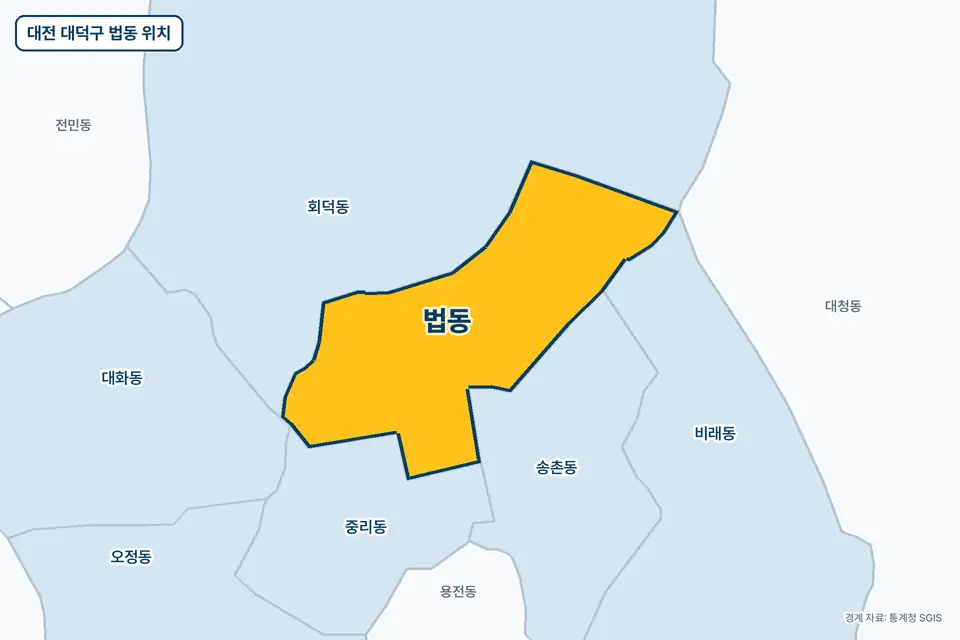 대전 대덕구 법동 지도 그림. 가운데 노란 부분이 법동이고 주변에 회덕동, 중리동, 송촌동, 비래동이 보인다.