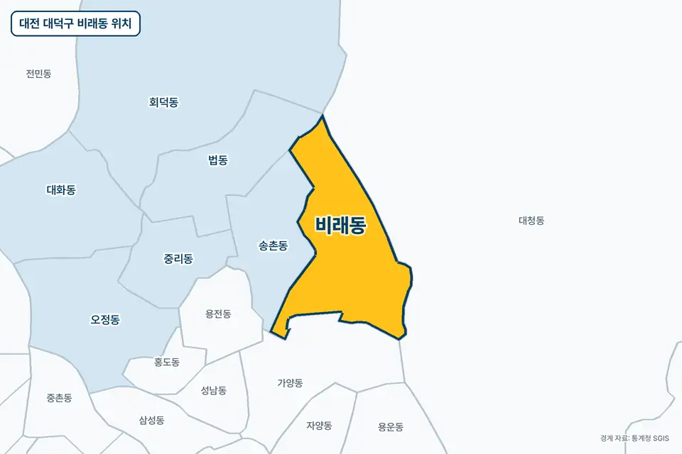 대전 대덕구 비래동 위치 지도. 노란색으로 칠한 비래동 둘레에 대청동, 송촌동, 가양동, 법동 이름이 적혀 있다.