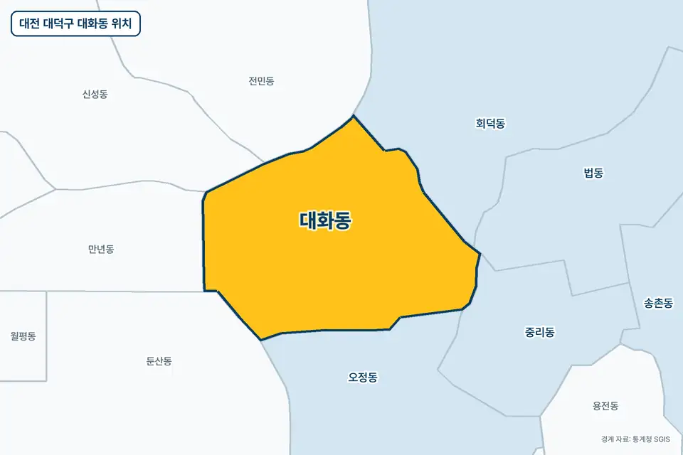 대전 대덕구 대화동 지도 그림. 가운데 노란 부분이 대화동이고 주변에 오정동, 회덕동, 전민동, 만년동이 보인다.