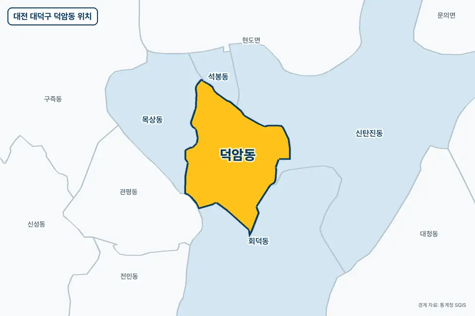노란색으로 표시한 대전 대덕구 덕암동과 그 둘레의 신탄진동, 회덕동, 목상동, 석봉동을 그린 지도 그림.