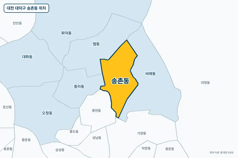 대전 대덕구 송촌동 위치 지도. 노란색으로 칠한 송촌동 둘레에 비래동, 법동, 용전동, 중리동 이름이 적혀 있다.