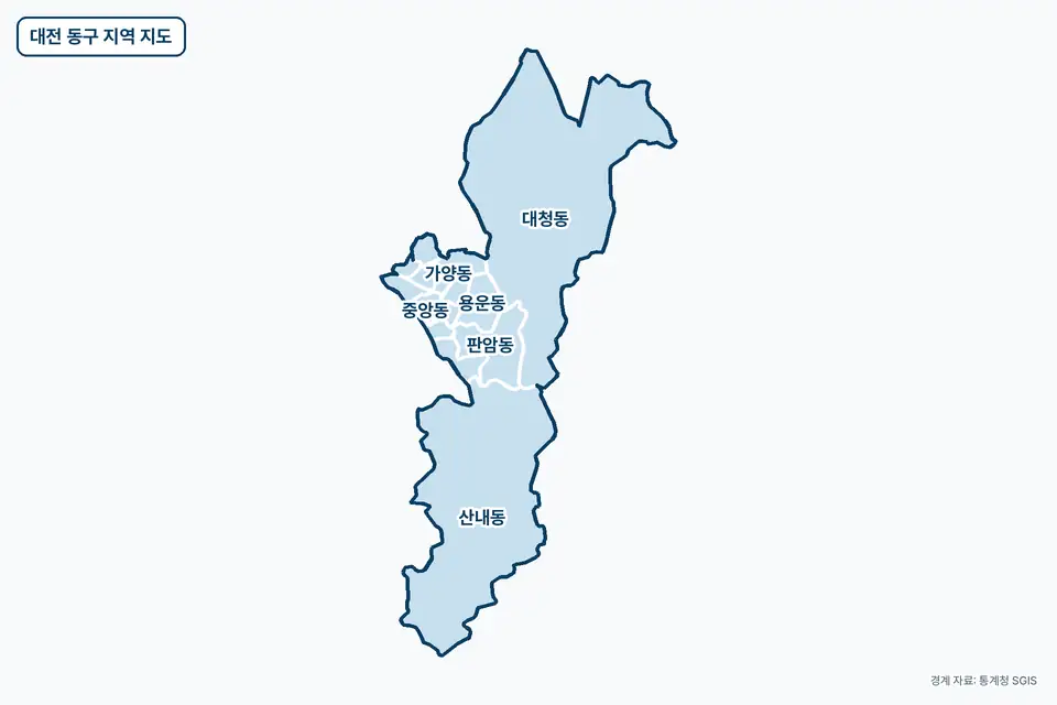 파란색으로 칠한 대전 동구 지도 그림. 대청동, 산내동, 판암동, 용운동을 비롯한 14곳의 경계와 이름이 보인다.