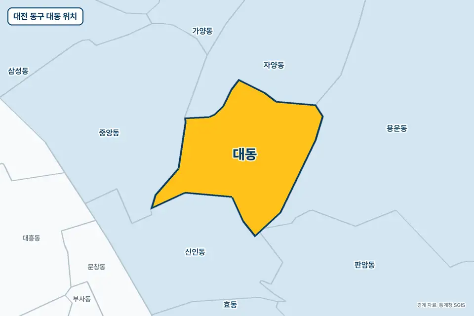 노란색으로 표시한 대전 동구 대동과 그 둘레의 자양동, 신인동, 용운동, 중앙동을 그린 지도 그림.
