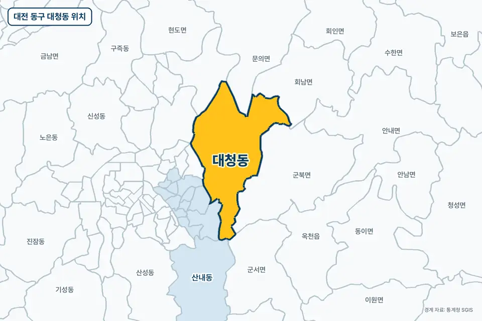 대전 동구 대청동 위치 지도. 노란색으로 칠한 대청동 둘레에 문의면, 산내동, 군북면, 안내면 이름이 적혀 있다.