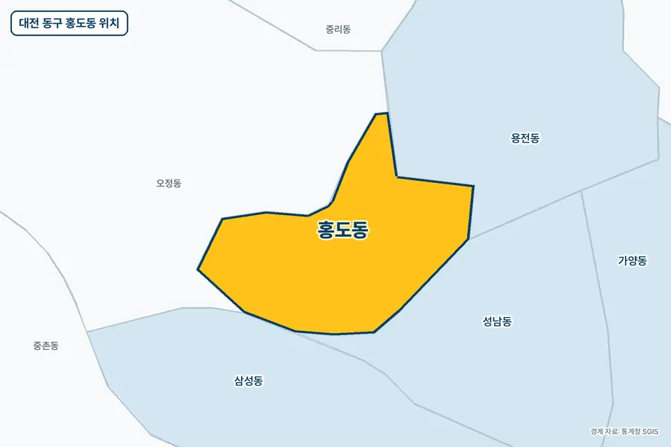 대전 동구 홍도동 위치 지도. 노란색으로 칠한 홍도동 둘레에 오정동, 성남동, 용전동, 삼성동 이름이 적혀 있다.