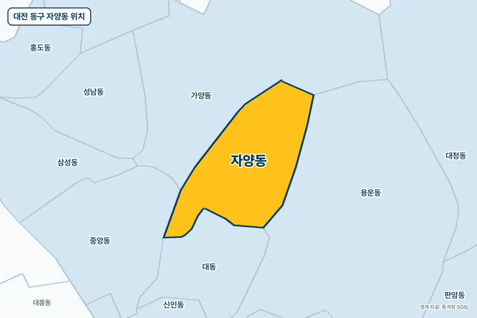 대전 동구 자양동 위치 지도. 노란색으로 칠한 자양동 둘레에 가양동, 용운동, 대동, 중앙동 이름이 적혀 있다.