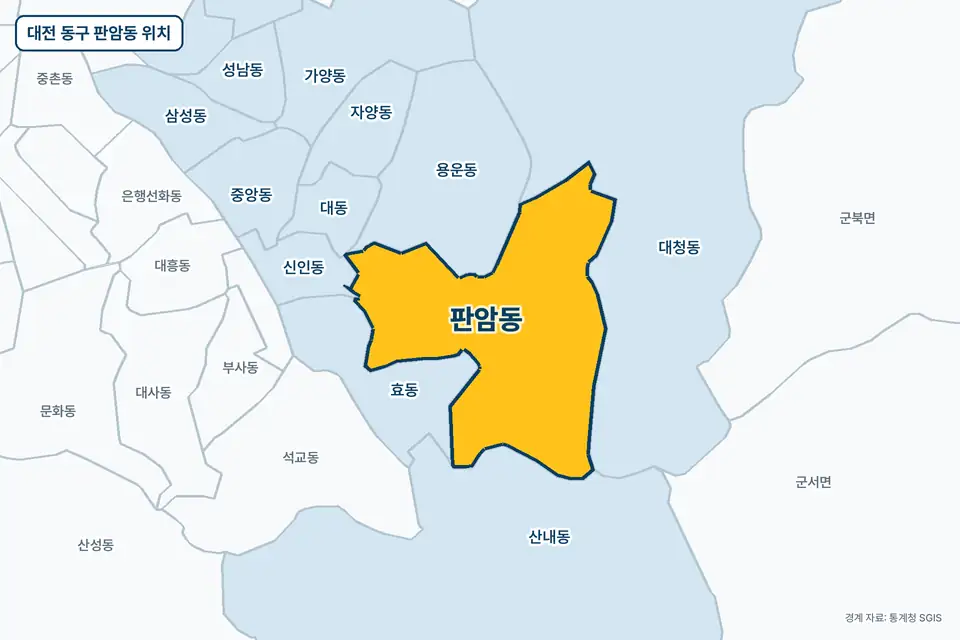 대전 동구 판암동 지도 그림. 가운데 노란 부분이 판암동이고 주변에 대청동, 효동, 용운동, 산내동이 보인다.