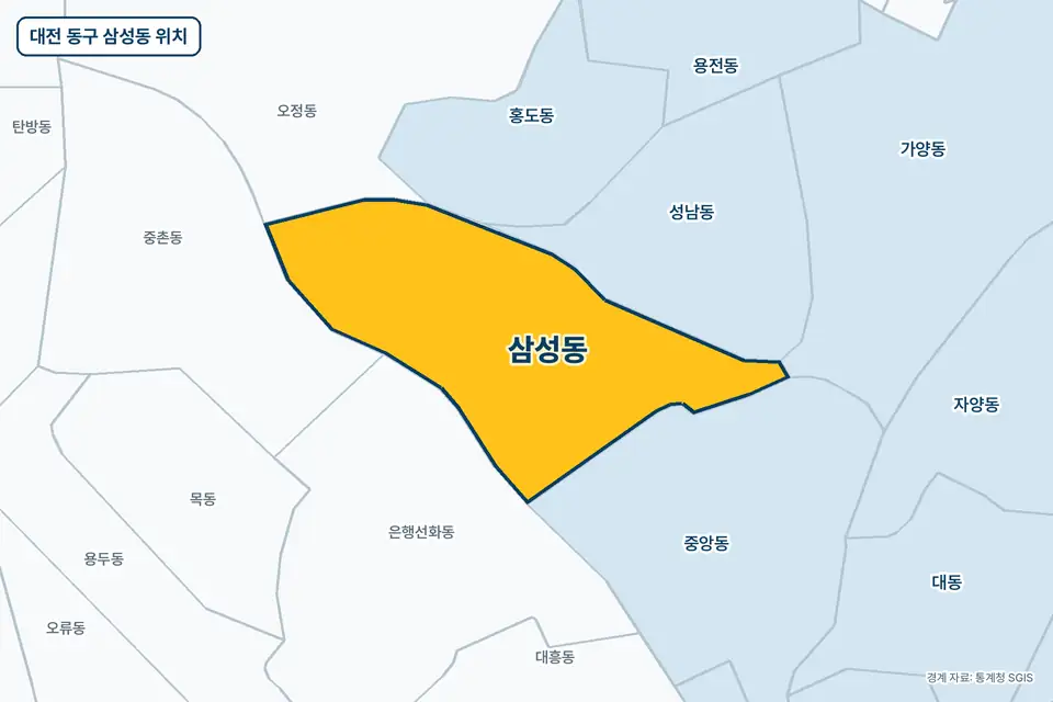 대전 동구 삼성동 지도 그림. 가운데 노란 부분이 삼성동이고 주변에 성남동, 중앙동, 은행선화동, 오정동이 보인다.
