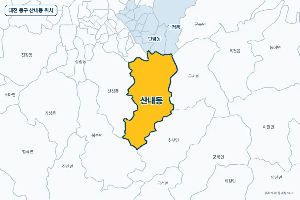 대전 동구 산내동 지도 그림. 가운데 노란 부분이 산내동이고 주변에 산성동, 판암동, 대청동, 벌곡면이 보인다.