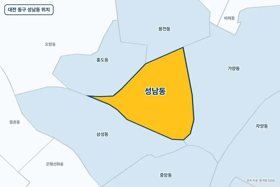 노란색으로 표시한 대전 동구 성남동과 그 둘레의 삼성동, 가양동, 홍도동, 용전동을 그린 지도 그림.