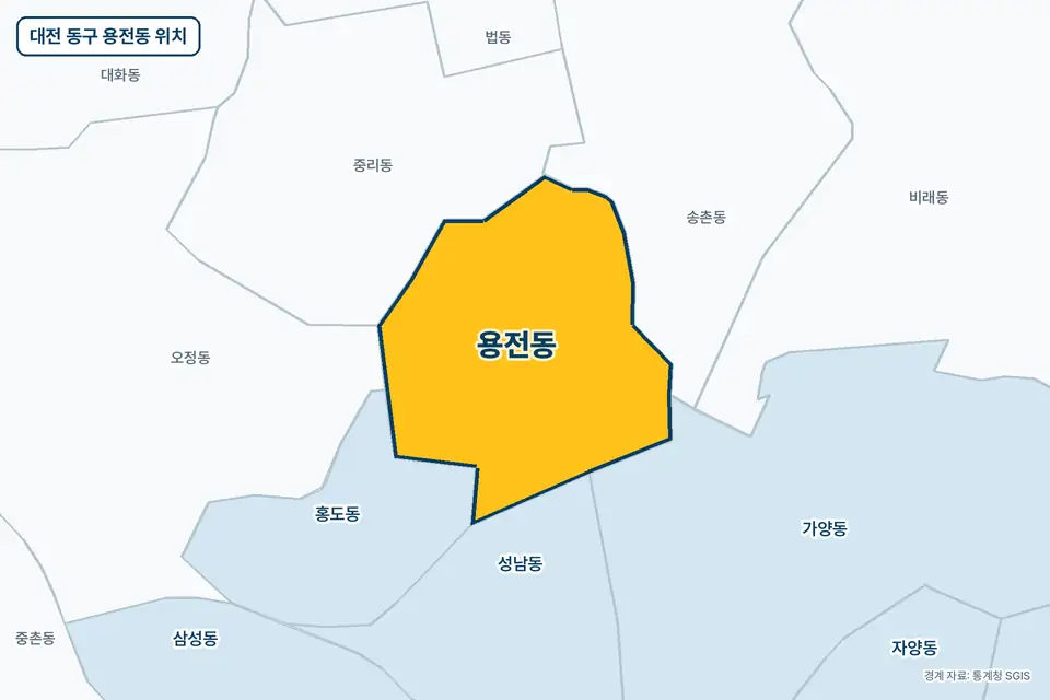 대전 동구 용전동 지도 그림. 가운데 노란 부분이 용전동이고 주변에 송촌동, 중리동, 홍도동, 성남동이 보인다.