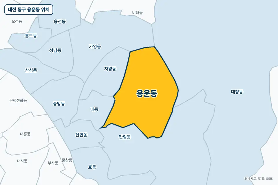 노란색으로 표시한 대전 동구 용운동과 그 둘레의 판암동, 대청동, 자양동, 대동을 그린 지도 그림.