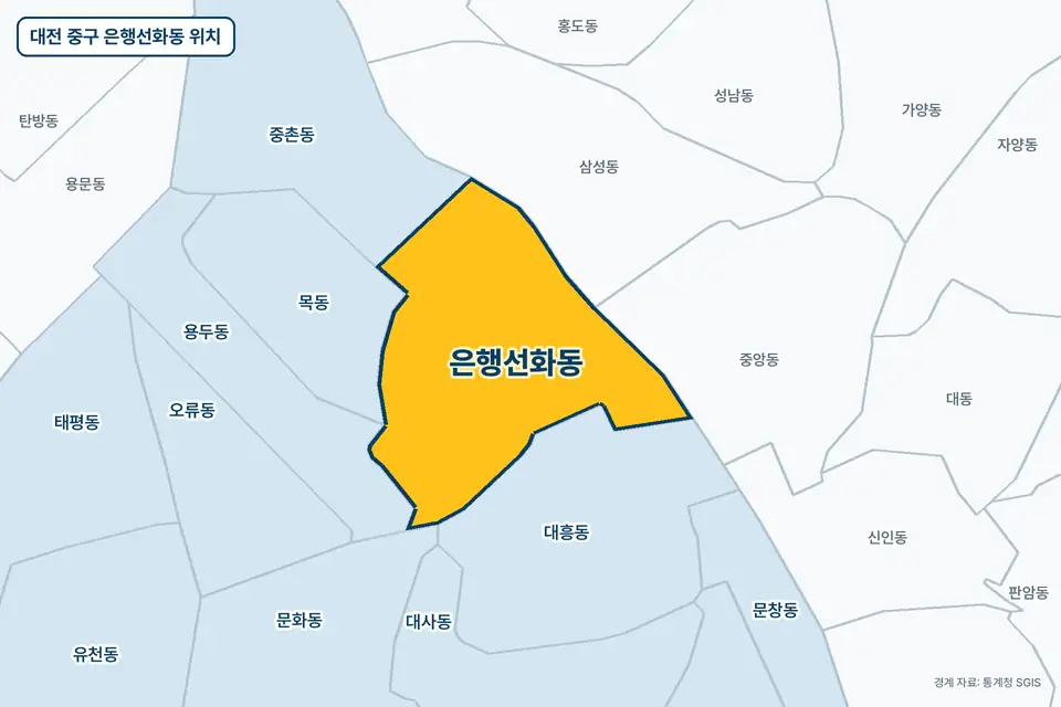 대전 중구 은행선화동 위치 지도. 노란색으로 칠한 은행선화동 둘레에 대흥동, 삼성동, 목동, 중앙동 이름이 적혀 있다.