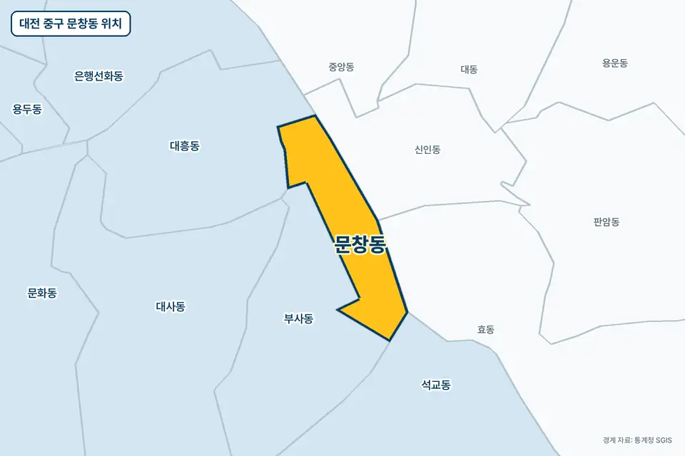 노란색으로 표시한 대전 중구 문창동과 그 둘레의 부사동, 신인동, 대흥동, 효동을 그린 지도 그림.
