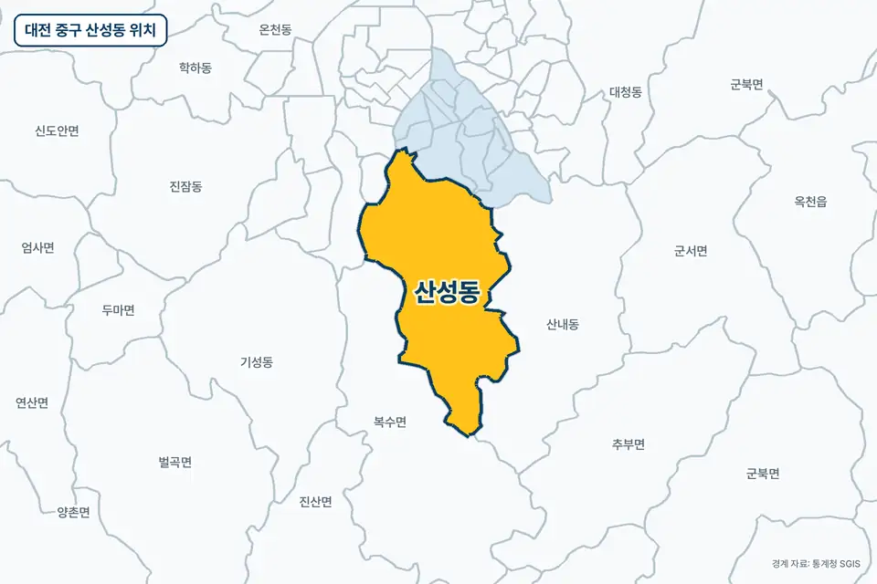 노란색으로 표시한 대전 중구 산성동과 그 둘레의 산내동, 벌곡면, 복수면, 기성동을 그린 지도 그림.