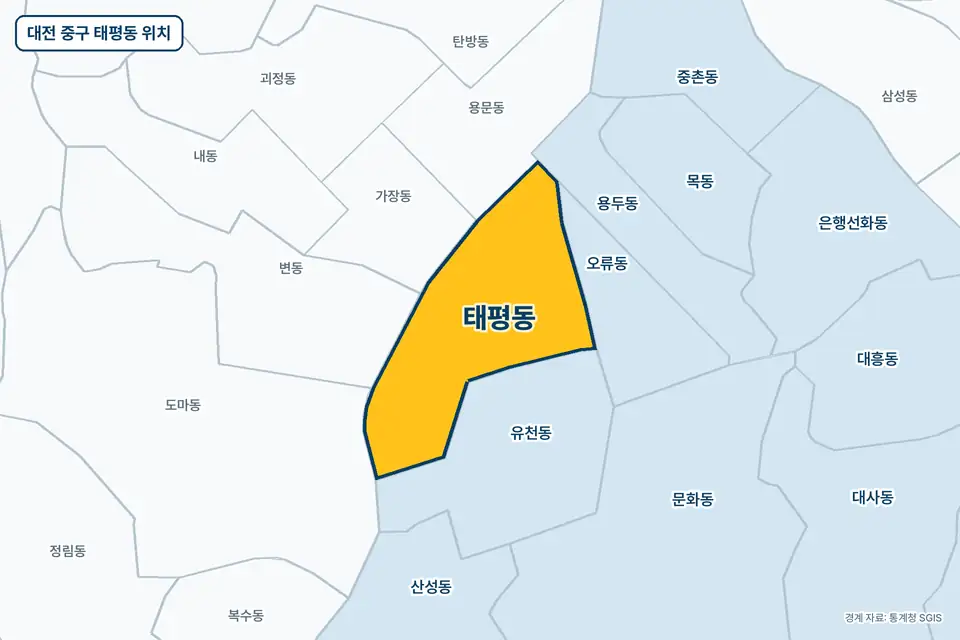 대전 중구 태평동 지도 그림. 가운데 노란 부분이 태평동이고 주변에 유천동, 오류동, 변동, 가장동이 보인다.