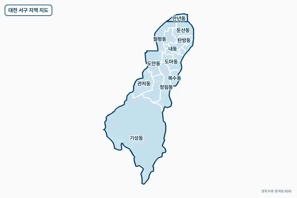 대전 서구 지역 지도. 기성동, 정림동, 관저동, 도안동 등 17곳이 파란색으로 칠해져 있고 이름이 적혀 있다.