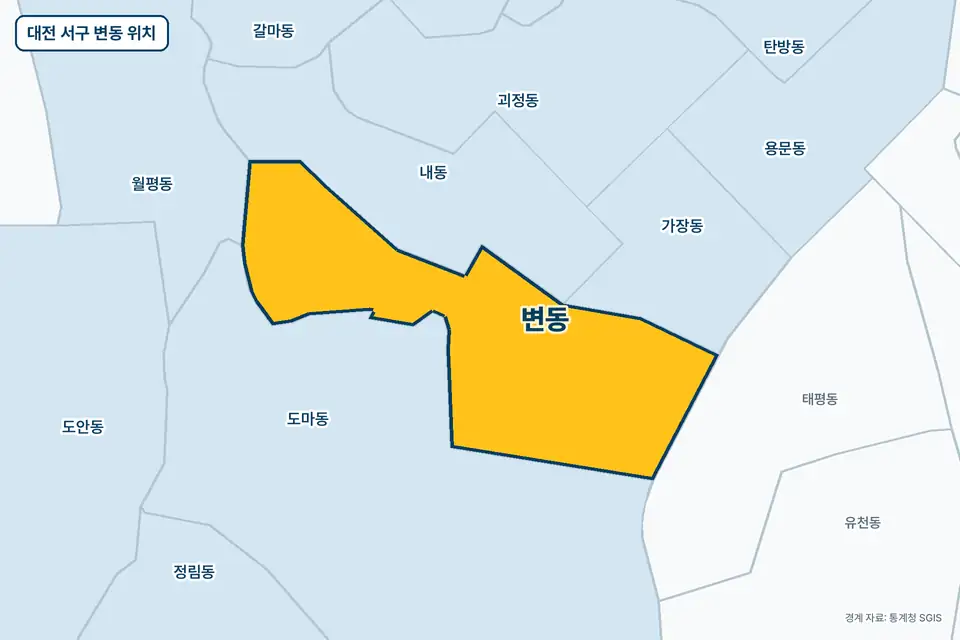 노란색으로 표시한 대전 서구 변동과 그 둘레의 도마동, 내동, 가장동, 태평동을 그린 지도 그림.