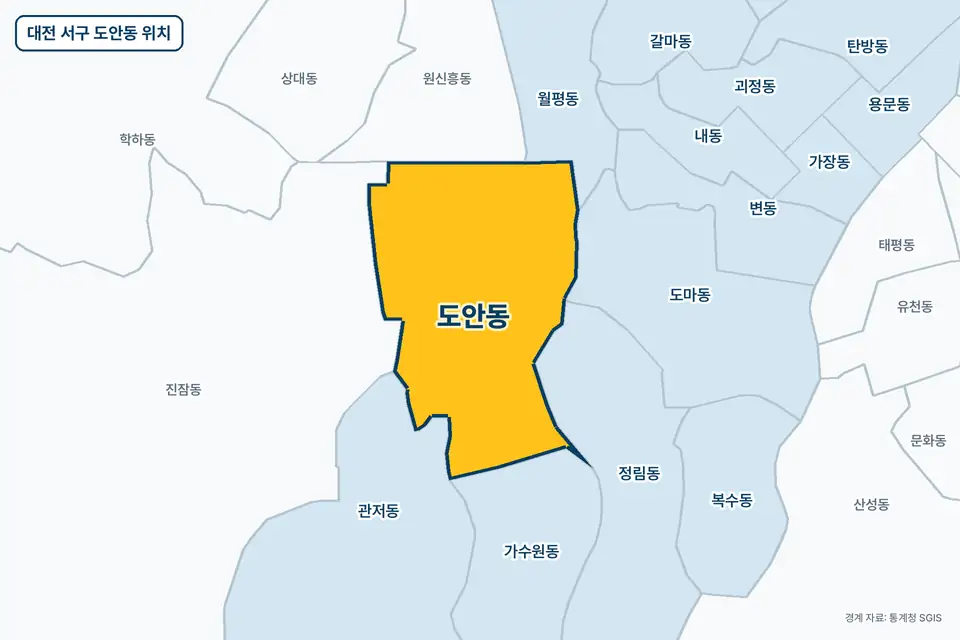 대전 서구 도안동 위치 지도. 노란색으로 칠한 도안동 둘레에 진잠동, 정림동, 가수원동, 관저동 이름이 적혀 있다.