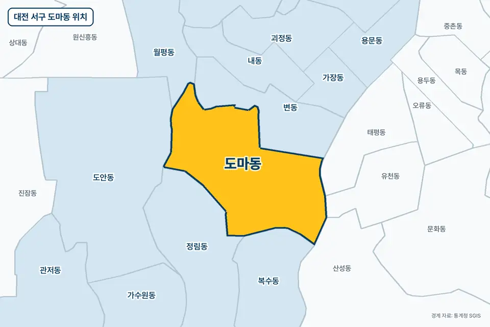 노란색으로 표시한 대전 서구 도마동과 그 둘레의 변동, 정림동, 복수동, 도안동을 그린 지도 그림.