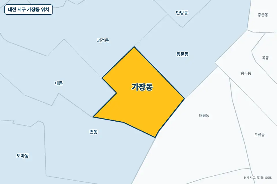 노란색으로 표시한 대전 서구 가장동과 그 둘레의 용문동, 변동, 내동, 태평동을 그린 지도 그림.