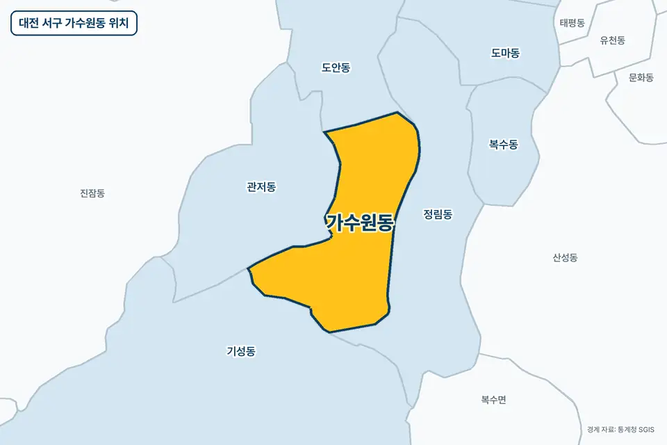 대전 서구 가수원동 지도 그림. 가운데 노란 부분이 가수원동이고 주변에 정림동, 관저동, 기성동, 도안동이 보인다.