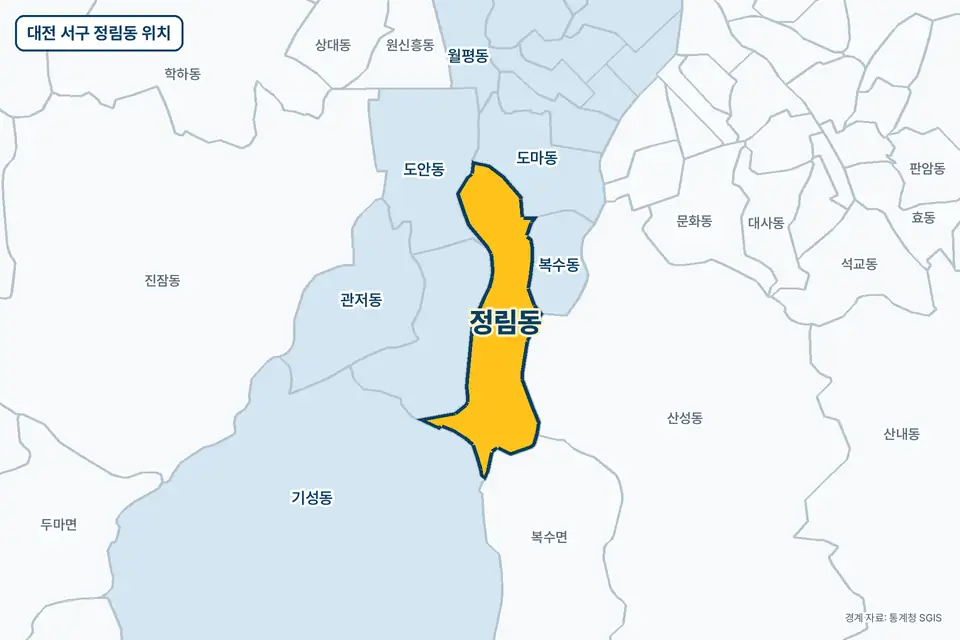 노란색으로 표시한 대전 서구 정림동과 그 둘레의 산성동, 도안동, 기성동, 도마동을 그린 지도 그림.