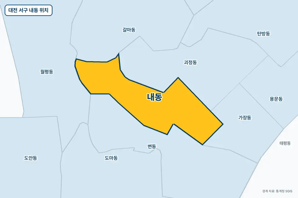 대전 서구 내동 위치 지도. 노란색으로 칠한 내동 둘레에 변동, 괴정동, 갈마동, 가장동 이름이 적혀 있다.