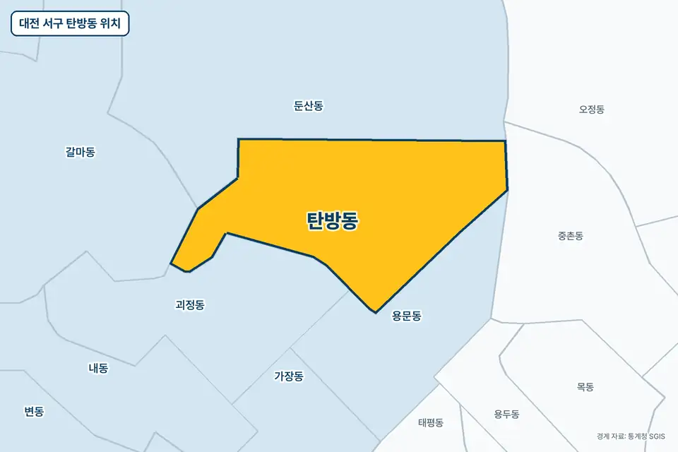 대전 서구 탄방동 위치 지도. 노란색으로 칠한 탄방동 둘레에 둔산동, 괴정동, 용문동, 갈마동 이름이 적혀 있다.