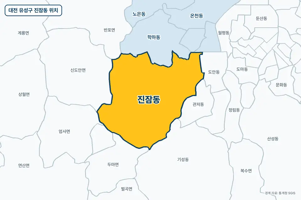 대전 유성구 진잠동 위치 지도. 노란색으로 칠한 진잠동 둘레에 학하동, 관저동, 기성동, 도안동 이름이 적혀 있다.