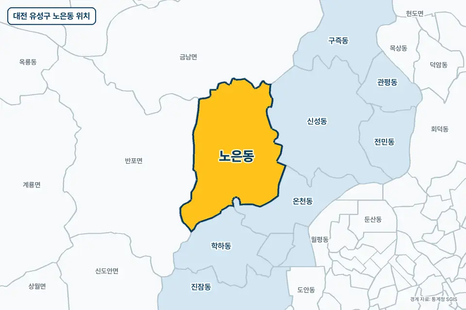 노란색으로 표시한 대전 유성구 노은동과 그 둘레의 반포면, 금남면, 신성동, 온천동을 그린 지도 그림.