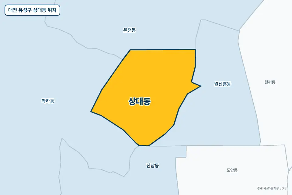 대전 유성구 상대동 위치 지도. 노란색으로 칠한 상대동 둘레에 원신흥동, 학하동, 온천동, 진잠동 이름이 적혀 있다.