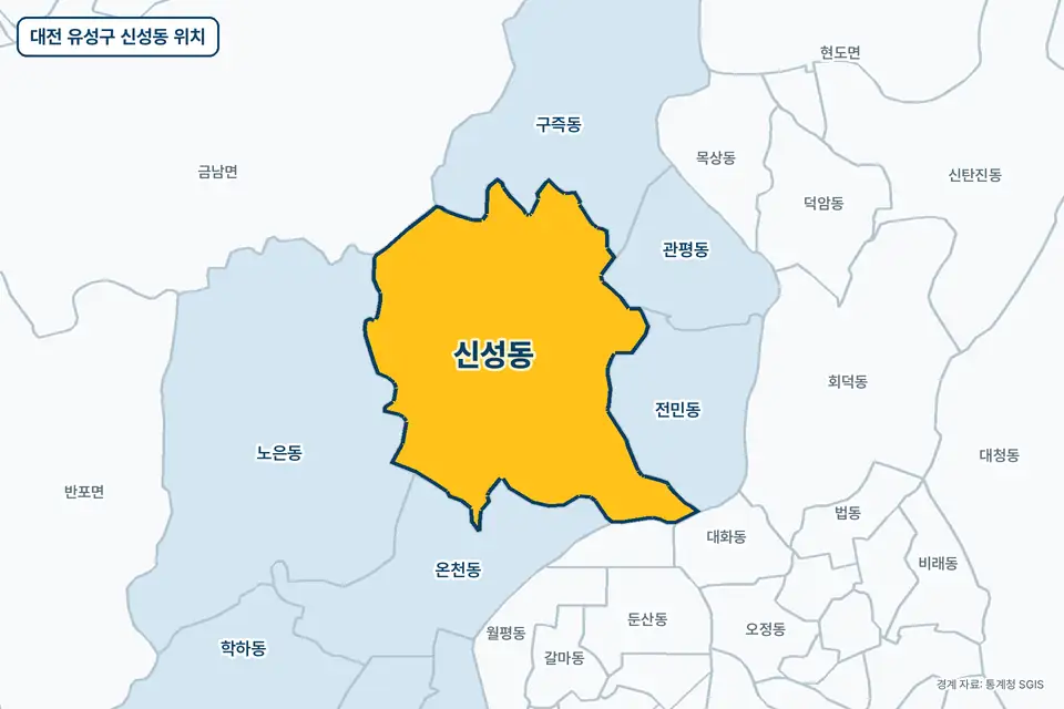 노란색으로 표시한 대전 유성구 신성동과 그 둘레의 구즉동, 온천동, 노은동, 전민동을 그린 지도 그림.