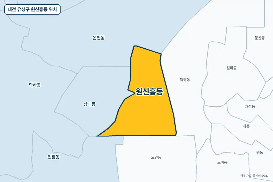 대전 유성구 원신흥동 위치 지도. 노란색으로 칠한 원신흥동 둘레에 상대동, 월평동, 도안동, 온천동 이름이 적혀 있다.