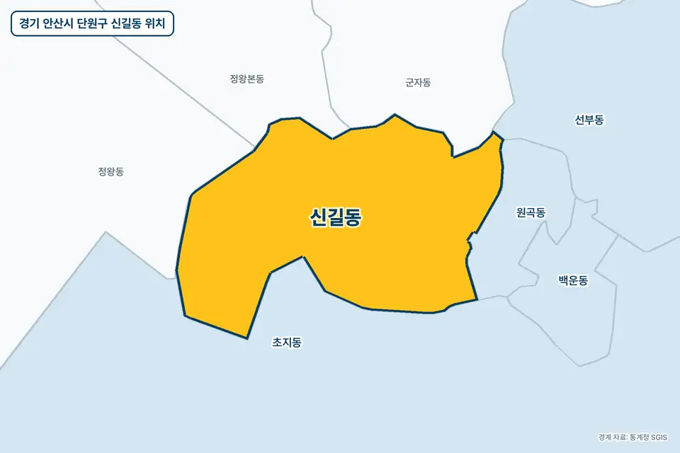 경기 안산시 단원구 신길동 지도 그림. 가운데 노란 부분이 신길동이고 주변에 초지동, 군자동, 원곡동, 정왕동이 보인다.