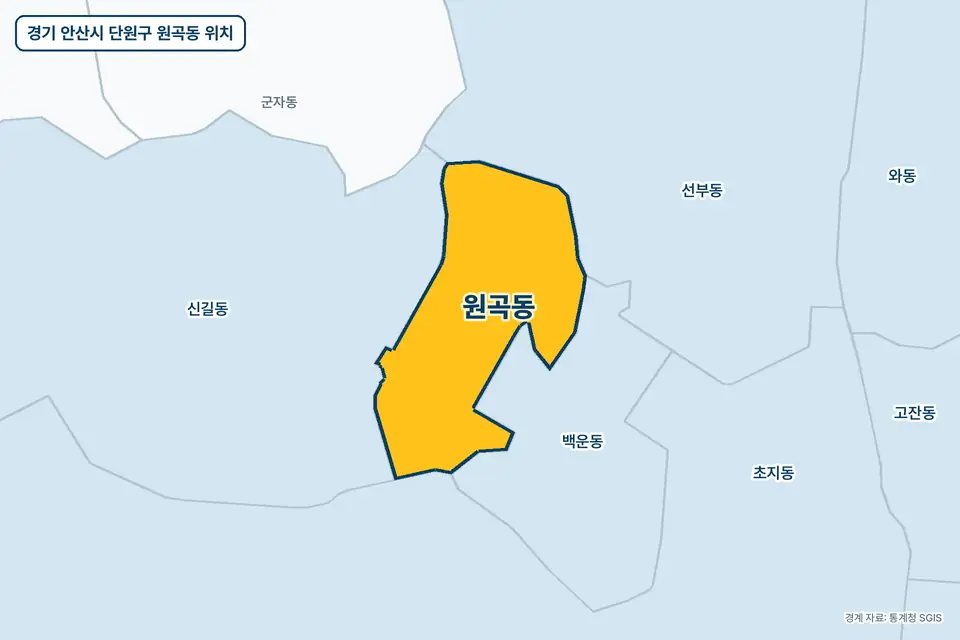 경기 안산시 단원구 원곡동 위치 지도. 노란색으로 칠한 원곡동 둘레에 백운동, 신길동, 선부동, 초지동 이름이 적혀 있다.