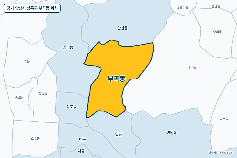 경기 안산시 상록구 부곡동 지도 그림. 가운데 노란 부분이 부곡동이고 주변에 안산동, 대야동, 월피동, 일동이 보인다.