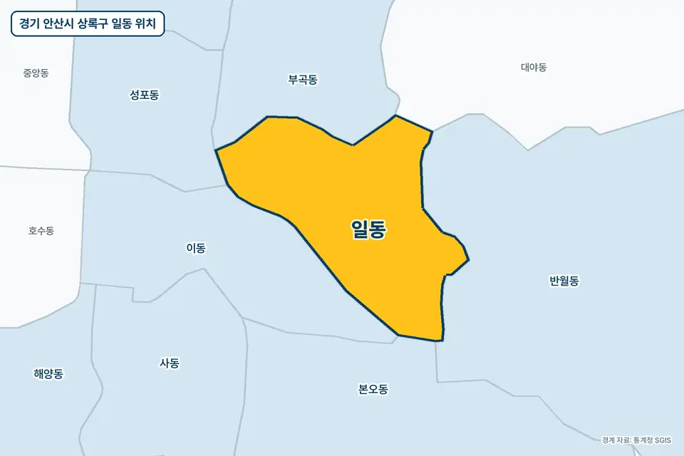 경기 안산시 상록구 일동 위치 지도. 노란색으로 칠한 일동 둘레에 반월동, 이동, 부곡동, 대야동 이름이 적혀 있다.