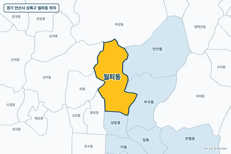 노란색으로 표시한 경기 안산시 상록구 월피동과 그 둘레의 부곡동, 안산동, 선부동, 목감동을 그린 지도 그림.