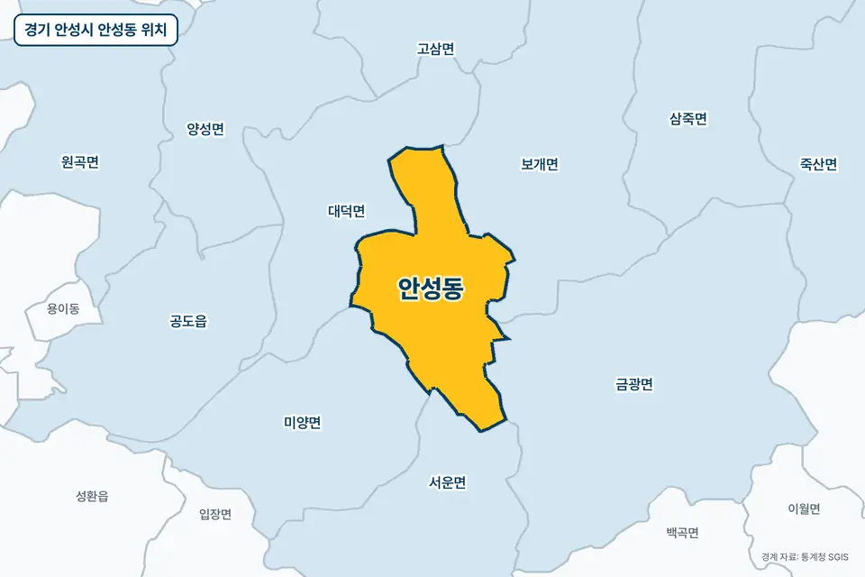 노란색으로 표시한 경기 안성시 안성동과 그 둘레의 대덕면, 보개면, 금광면, 미양면을 그린 지도 그림.