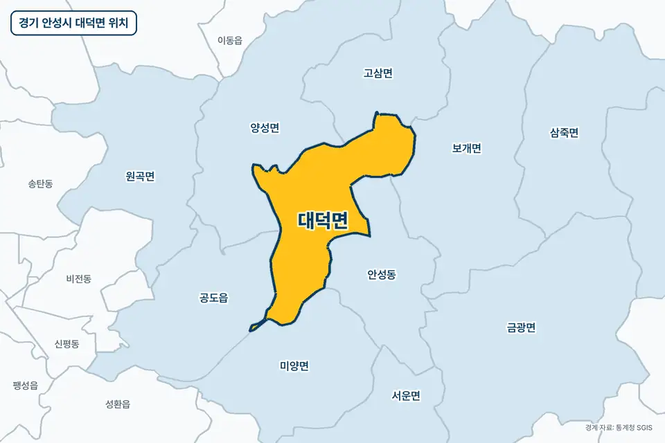 노란색으로 표시한 경기 안성시 대덕면과 그 둘레의 안성동, 양성면, 공도읍, 미양면을 그린 지도 그림.