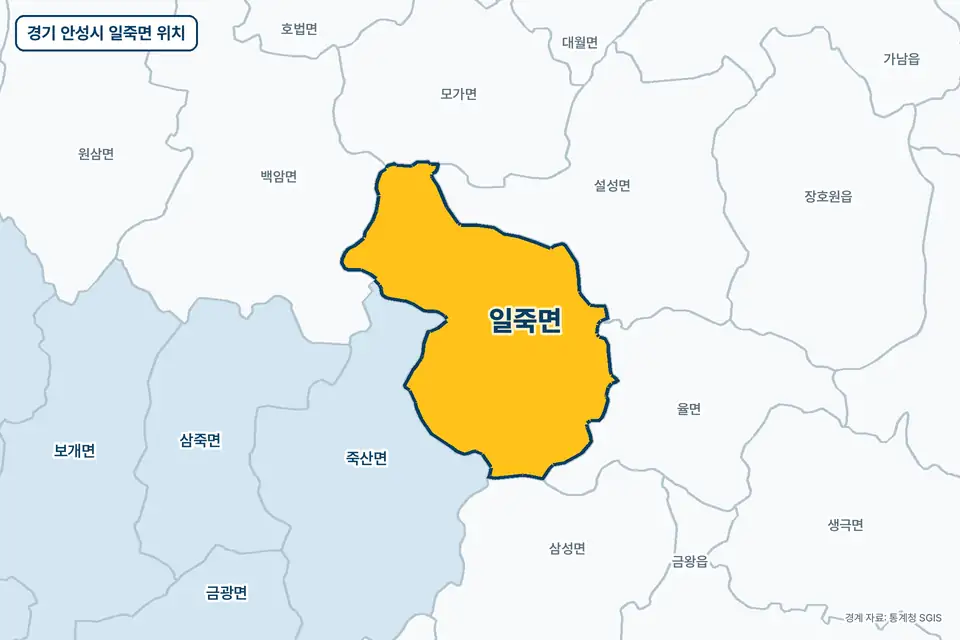노란색으로 표시한 경기 안성시 일죽면과 그 둘레의 죽산면, 설성면, 율면, 백암면을 그린 지도 그림.