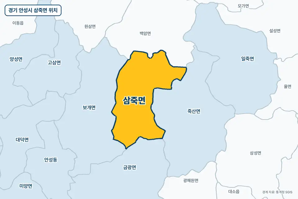 노란색으로 표시한 경기 안성시 삼죽면과 그 둘레의 죽산면, 보개면, 백암면, 금광면을 그린 지도 그림.