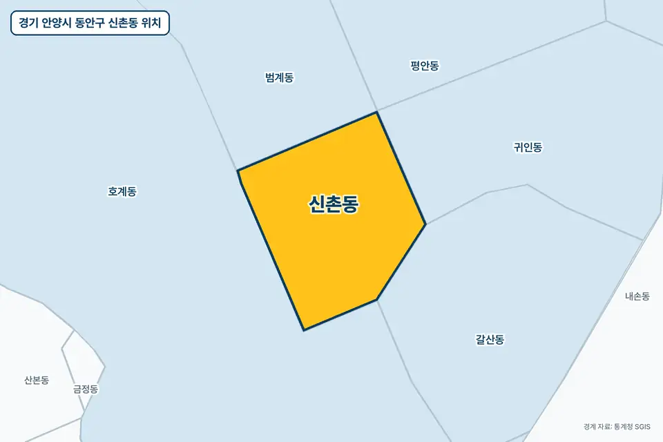 경기 안양시 동안구 신촌동 위치 지도. 노란색으로 칠한 신촌동 둘레에 호계동, 범계동, 귀인동, 갈산동 이름이 적혀 있다.