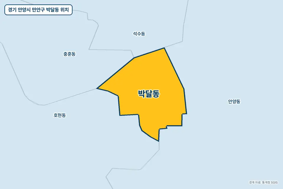 경기 안양시 만안구 박달동 위치 지도. 노란색으로 칠한 박달동 둘레에 안양동, 호현동, 충훈동, 석수동 이름이 적혀 있다.