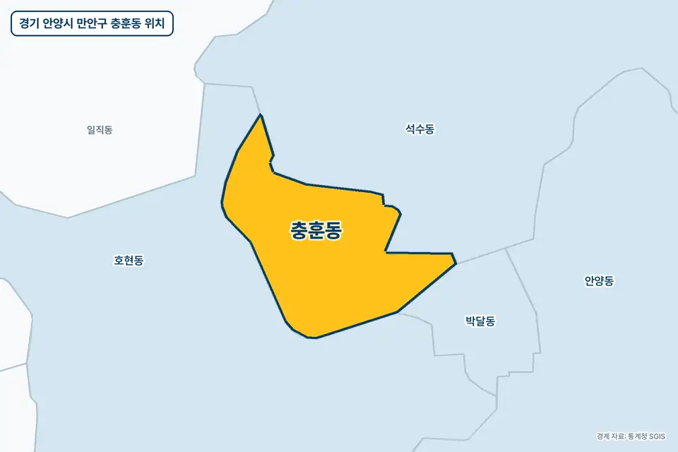 경기 안양시 만안구 충훈동 위치 지도. 노란색으로 칠한 충훈동 둘레에 호현동, 석수동, 박달동, 안양동 이름이 적혀 있다.