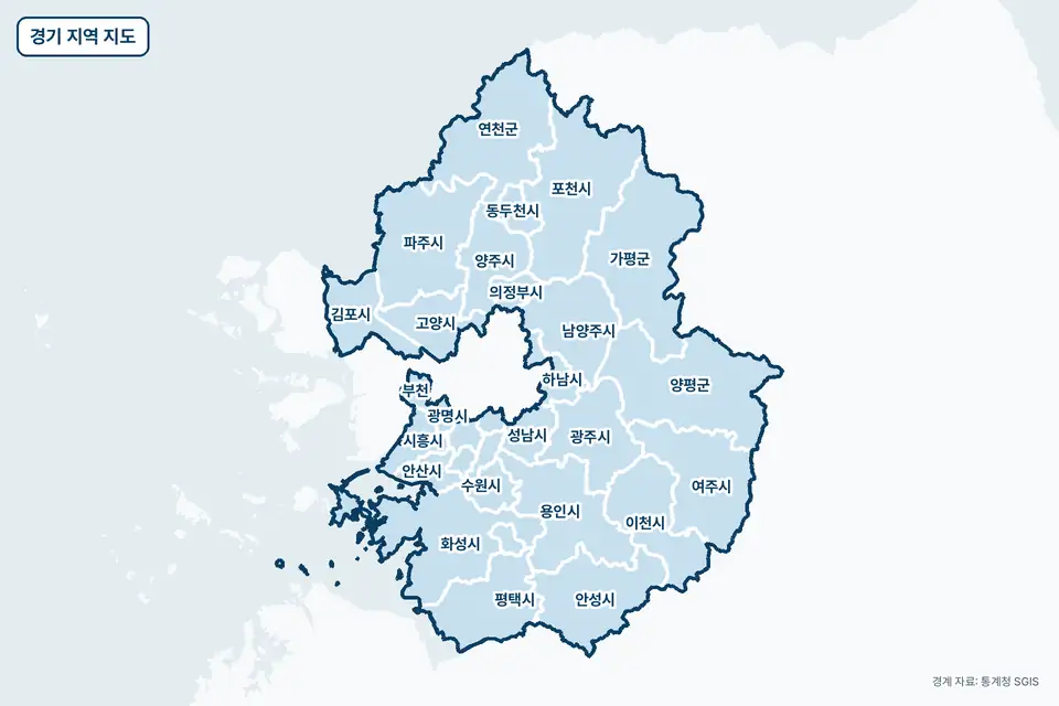 경기 지역 지도. 양평군, 가평군, 포천시, 연천군 등 31곳이 파란색으로 칠해져 있고 이름이 적혀 있다.
