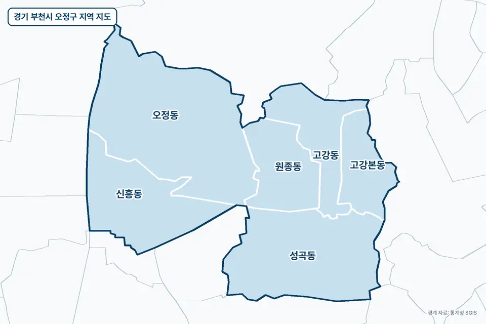 파란색으로 칠한 경기 부천시 오정구 지도 그림. 오정동, 성곡동, 신흥동, 고강동을 비롯한 6곳의 경계와 이름이 보인다.